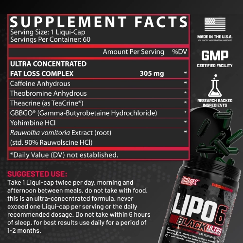 Nutrex LIPO-6 Black Ultra Concentrate – Hochkonzentrierter Fatburner mit Yohimbine, GBB, Theacrine & Rauwolscine Facts