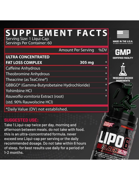 Nutrex LIPO-6 Black Ultra Concentrate – Hochkonzentrierter Fatburner mit Yohimbine, GBB, Theacrine & Rauwolscine Facts