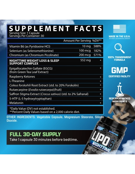 Supplement Facts LIPO-6 Nighttime – EGCG, 5-HTP, Melatonin, Forskolin, Theanin, Selen