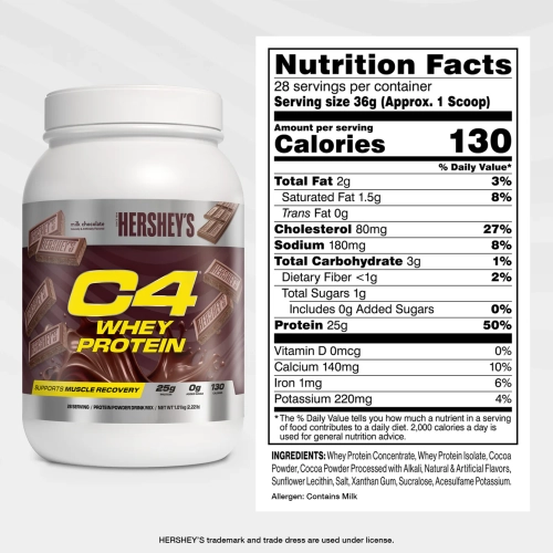 C4 Whey Protein Hershey’s – Nährwerte pro Portion: 25g Eiweiß, 130 kcal, 0g Zucker