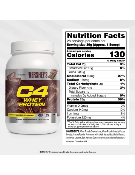 C4 Whey Protein Hershey’s – Nährwerte pro Portion: 25g Eiweiß, 130 kcal, 0g Zucker