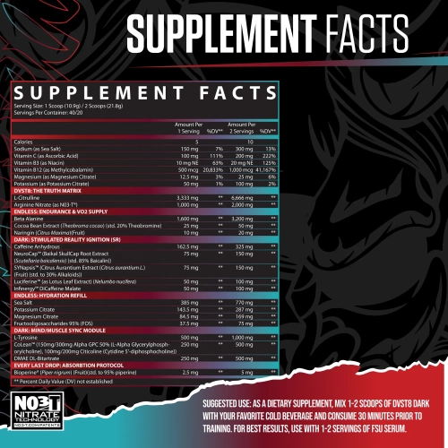 Nährwertangaben und Inhaltsstoffe des Inspired DVST8 DARK Pre-Workouts mit L-Citrullin und Beta-Alanin.