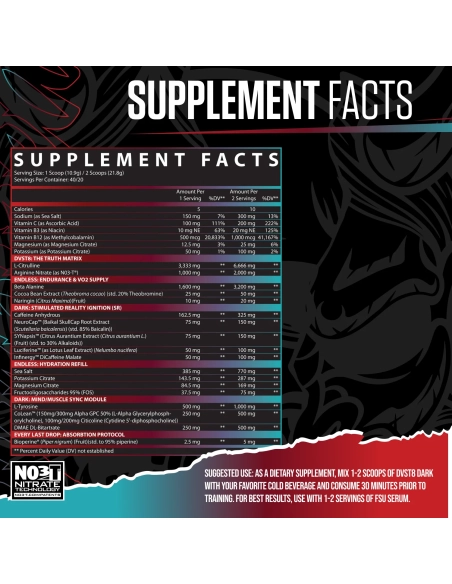 Nährwertangaben und Inhaltsstoffe des Inspired DVST8 DARK Pre-Workouts mit L-Citrullin und Beta-Alanin.