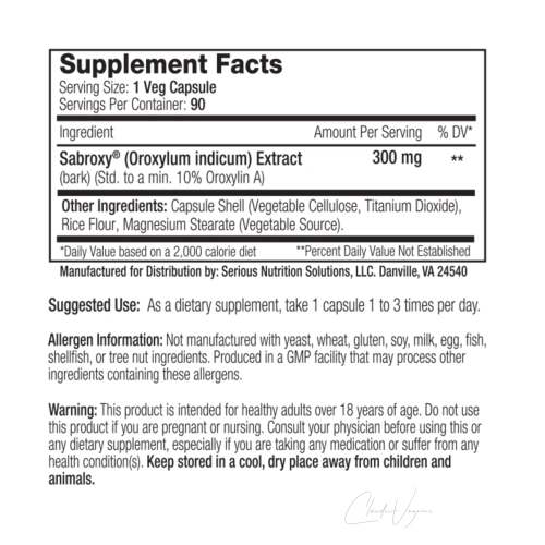 Supplement Facts Sabroxy XT: Oroxylum indicum Extrakt 300mg standardisiert auf 10% Oroxylin A – 90 Portionen
