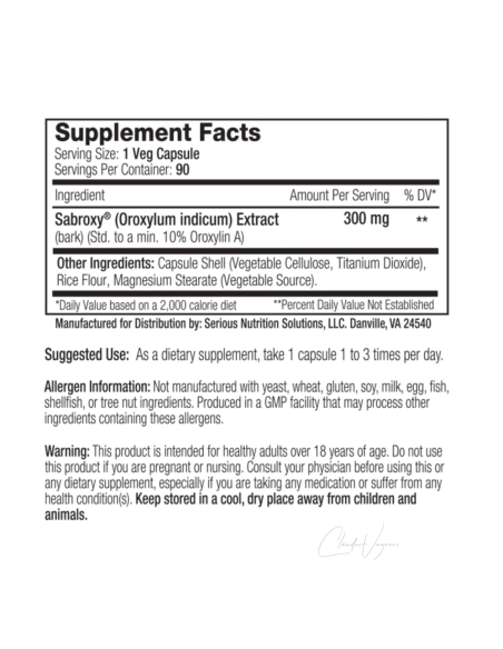 Supplement Facts Sabroxy XT: Oroxylum indicum Extrakt 300mg standardisiert auf 10% Oroxylin A – 90 Portionen