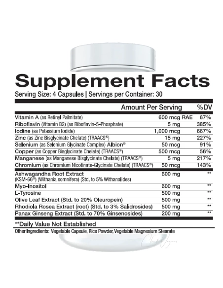 THYROX Wirkstoffe pro Tagesdosis – KSM-66 Ashwagandha 600 mg, Iod, Selen, Zink, Myo-Inositol, L-Tyrosin, Rhodiola, Ginseng