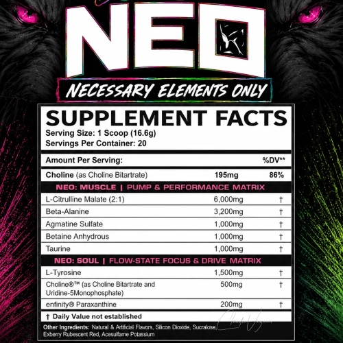 DVST8 NEO Wirkstoffe pro Scoop – 6g Citrullin Malat, 3,2g Beta-Alanin, 1g Betain, 1g Taurin, 1,5g Tyrosin