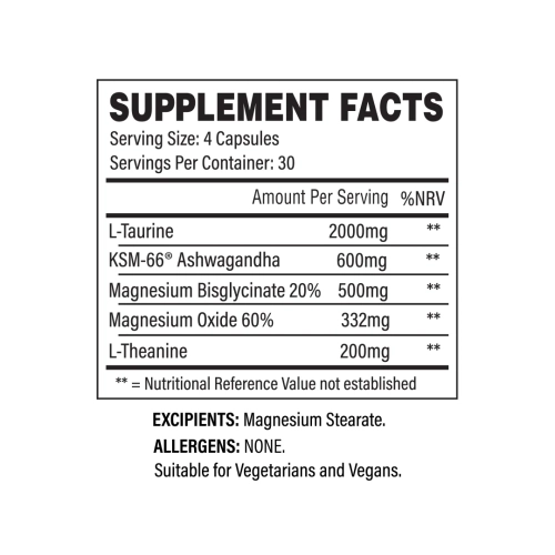 TBJP Unwind Supplement Facts pro Portion 2000 mg Taurin 600 mg KSM 66 Ashwagandha 200 mg L Theanin und Magnesium