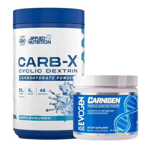 Carnitin Bundle mit Evogen Carnigen Pulver 50 Portionen und Applied Carb X Cluster Dextrin 1200 Gramm Dose