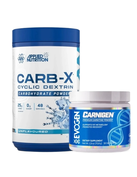 Carnitin Bundle mit Evogen Carnigen Pulver 50 Portionen und Applied Carb X Cluster Dextrin 1200 Gramm Dose