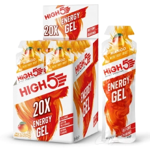 High5 Energy Gel Box mit 20 Beuteln zu 40 g und 23 g Kohlenhydraten pro Gel in den Sorten Berry und Apple