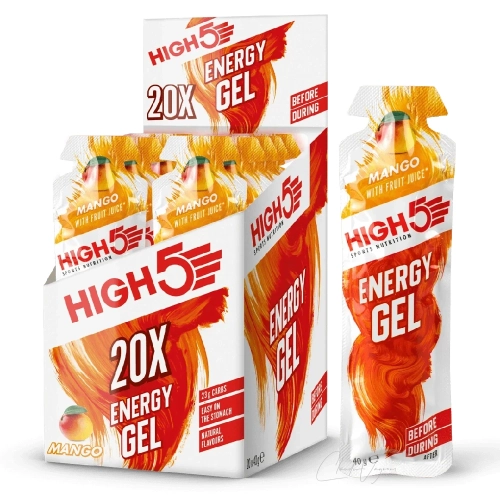 High5 Energy Gel Box mit 20 Beuteln zu 40 g und 23 g Kohlenhydraten pro Gel in den Sorten Berry und Apple