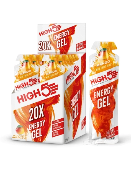 High5 Energy Gel Box mit 20 Beuteln zu 40 g und 23 g Kohlenhydraten pro Gel in den Sorten Berry und Apple