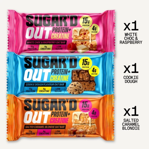 Sugard Out Mix Box Kreatin Protein Riegel White Choc Raspberry Cookie Dough und Salted Caramel Blondie je 1 Riegel