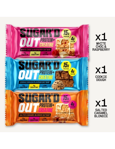 Sugard Out Mix Box Kreatin Protein Riegel White Choc Raspberry Cookie Dough und Salted Caramel Blondie je 1 Riegel