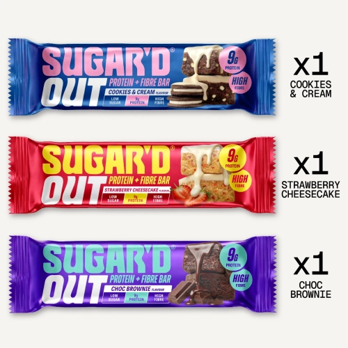 Sugard Out Mix Box Ballaststoff Protein Riegel Cookies and Cream Strawberry Cheesecake und Choc Brownie je 1 Riegel