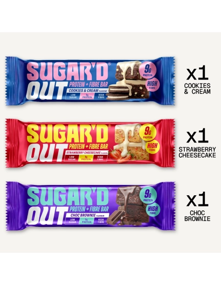 Sugard Out Mix Box Ballaststoff Protein Riegel Cookies and Cream Strawberry Cheesecake und Choc Brownie je 1 Riegel