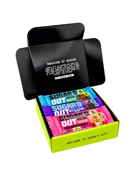 Sugard Out Proteinriegel Mix Box mit 6 Riegeln je Sorte einmal 3 Kreatin Protein Riegel und 3 Ballaststoff Protein Riegel
