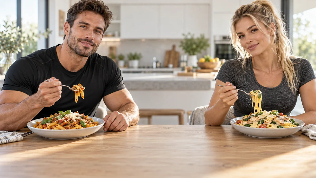 Athlet und Athletin mit grossen Tellern Pasta – Dihydroberberin vor der grossen Kohlenhydrat-Mahlzeit