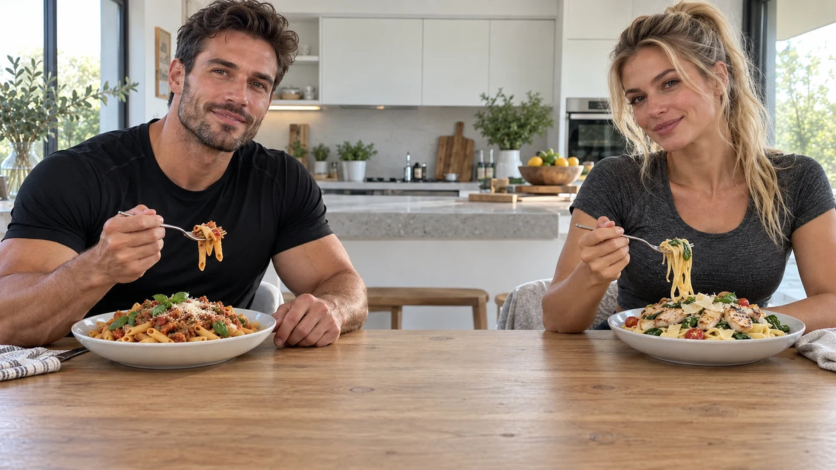 Zwei Erwachsene essen entspannt Pasta – Berberin Wirkung und Dosierung