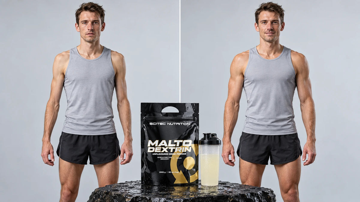 Carb-Loading vorher und nachher: derselbe Ausdauerathlet links mit leeren, rechts mit vollen Glykogenspeichern, dazu Scitec Maltodextrin