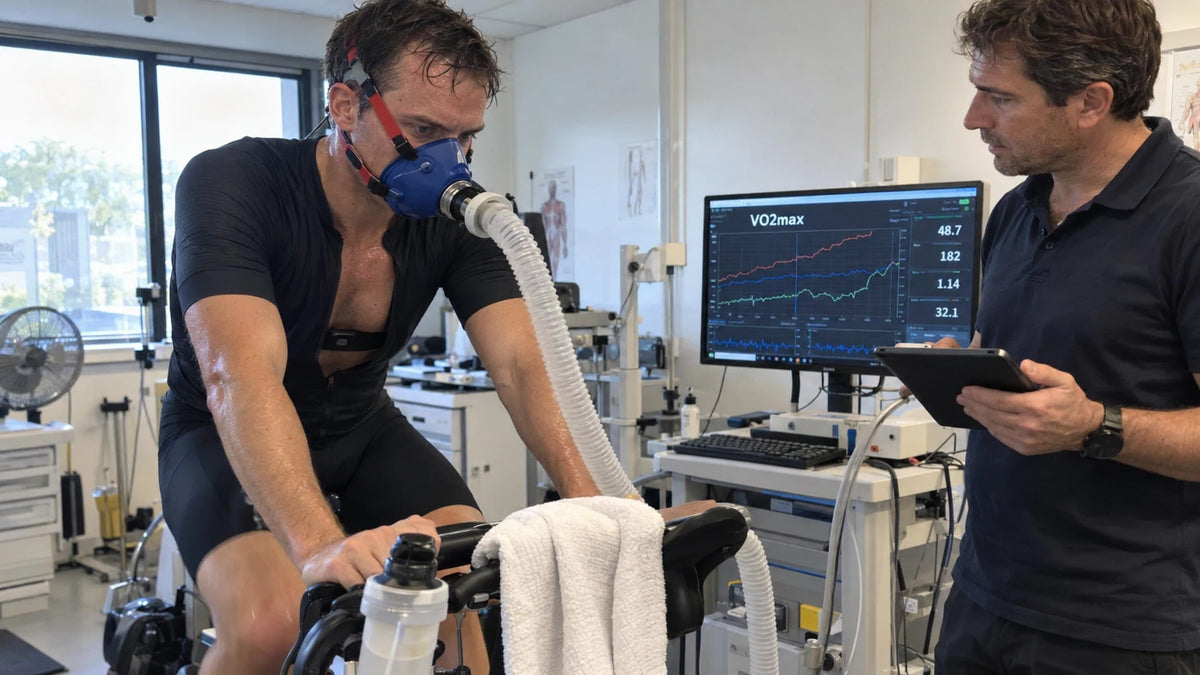 VO2max-Test im Sportlabor: Radfahrer mit Atemmaske auf dem Ergometer, daneben ein Sportwissenschaftler mit Tablet