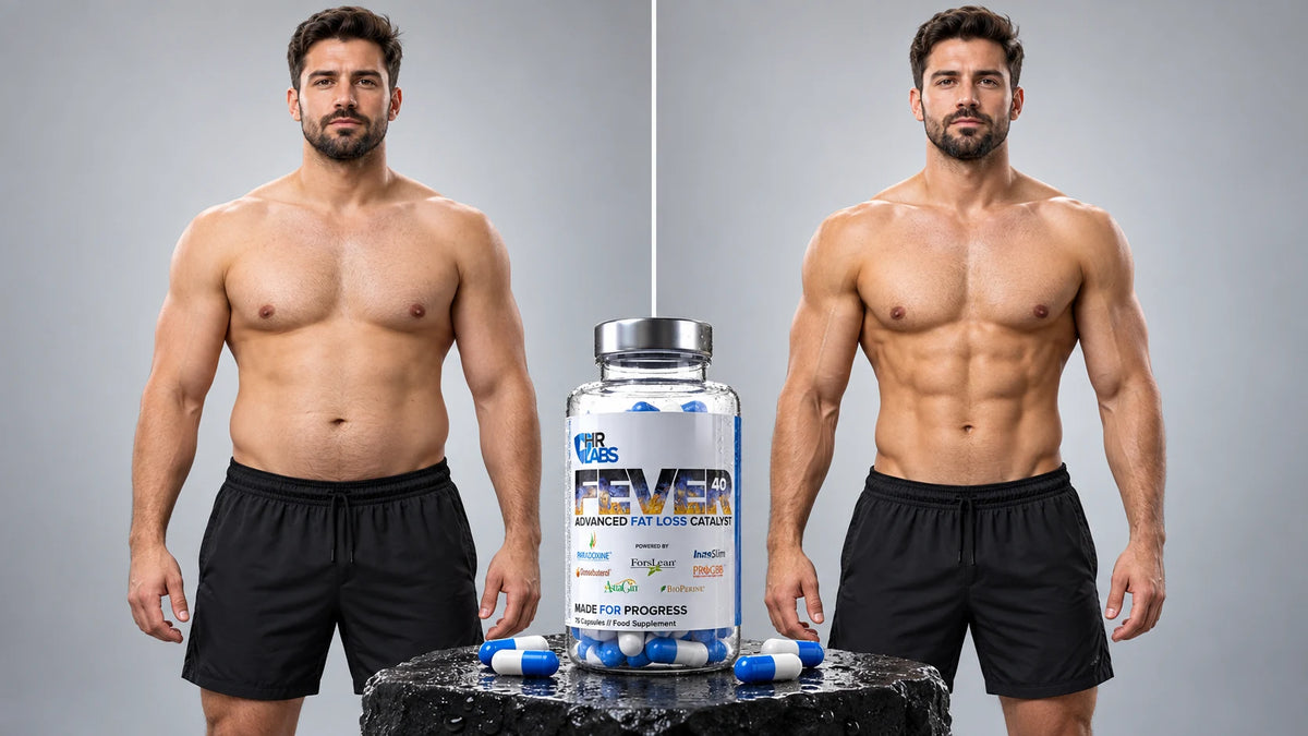 HR Labs Fever 40 Fatburner Kapseln mit InnoSlim, ForsLean und Pro GBB, daneben derselbe Athlet in zwei Phasen der Diät – bester Fatburner 2026