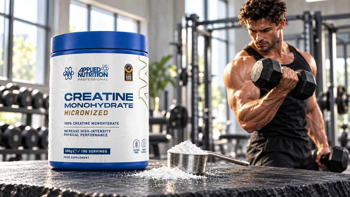 Applied Nutrition Creatine Monohydrate 500g mit Messlöffel, dahinter Athlet beim Bizeps-Curl im hellen Fitnessstudio – Kreatin Monohydrat