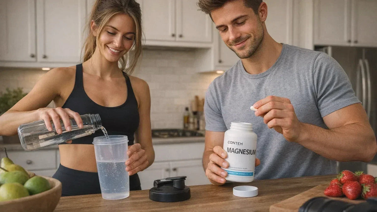 Magnesium morgens oder abends: Mann nimmt Kapsel aus Conteh Magnesium Dose, Frau füllt Shaker in der Küche