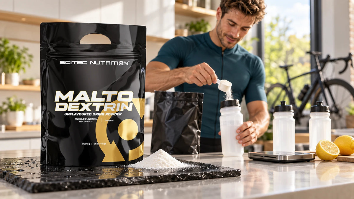 Radfahrer mischt am Morgen sein Sportgetränk mit Scitec Nutrition Maltodextrin in der Küche