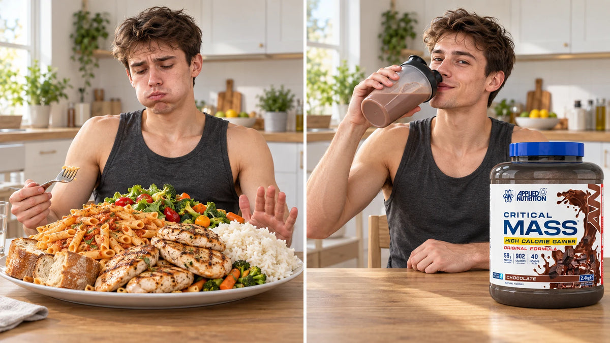 Mass Gainer statt Riesenmahlzeit: gleicher Athlet, gleiche Kalorien – links ein übervoller Teller, rechts ein Critical Mass Shake