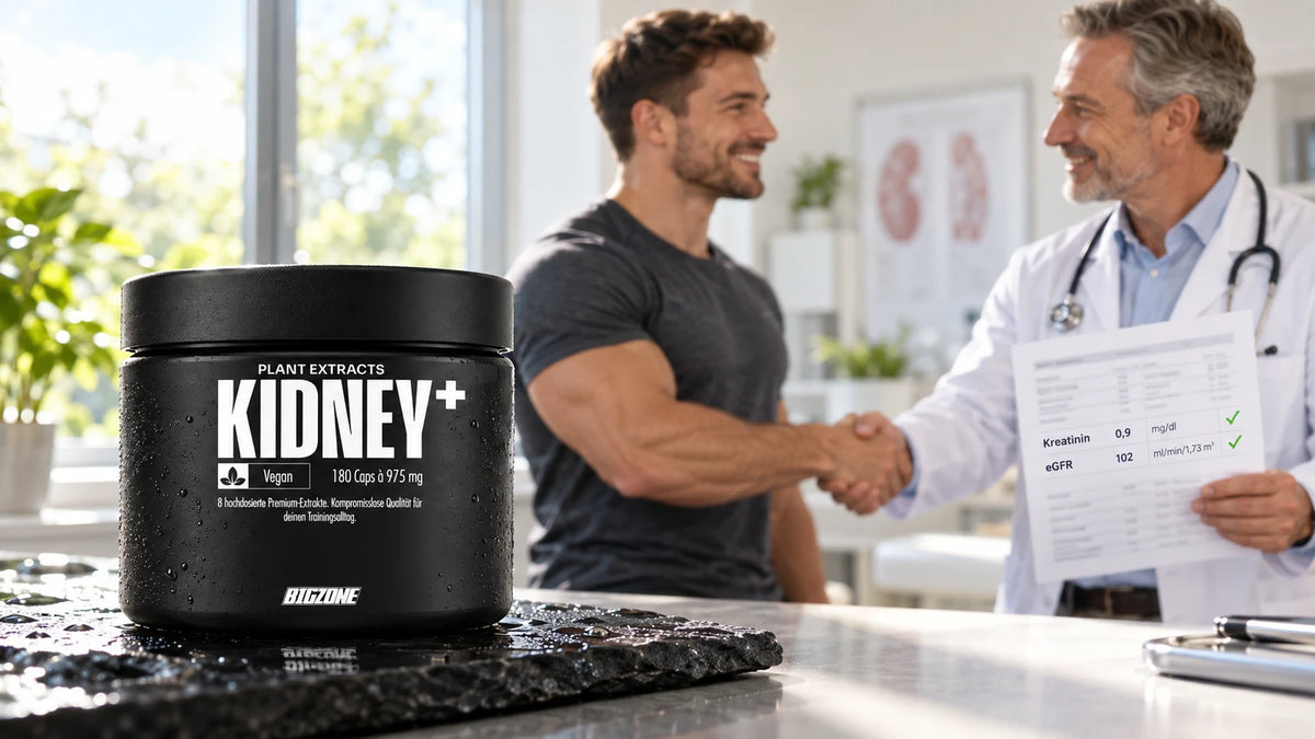Athlet und Arzt mit Blutbild – Kreatinin und eGFR im Normbereich, im Vordergrund Big Zone Kidney+