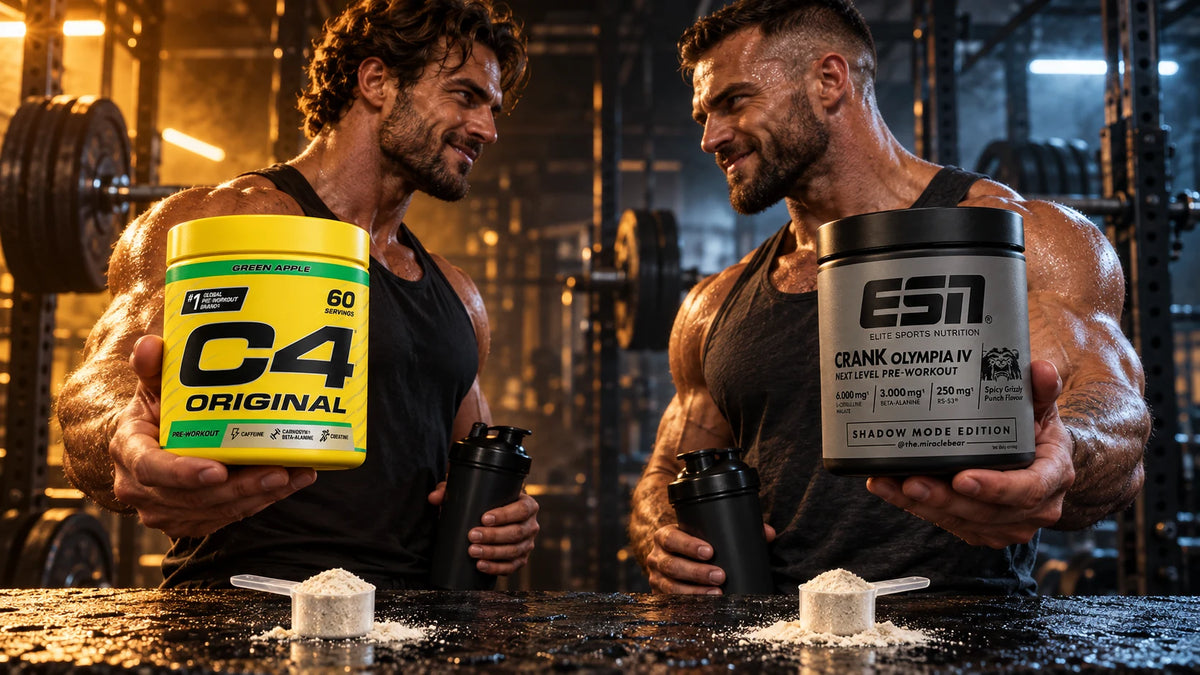 Pre-Workout Booster Vergleich: zwei Athleten im Gym mit Cellucor C4 Original und ESN Crank Olympia IV