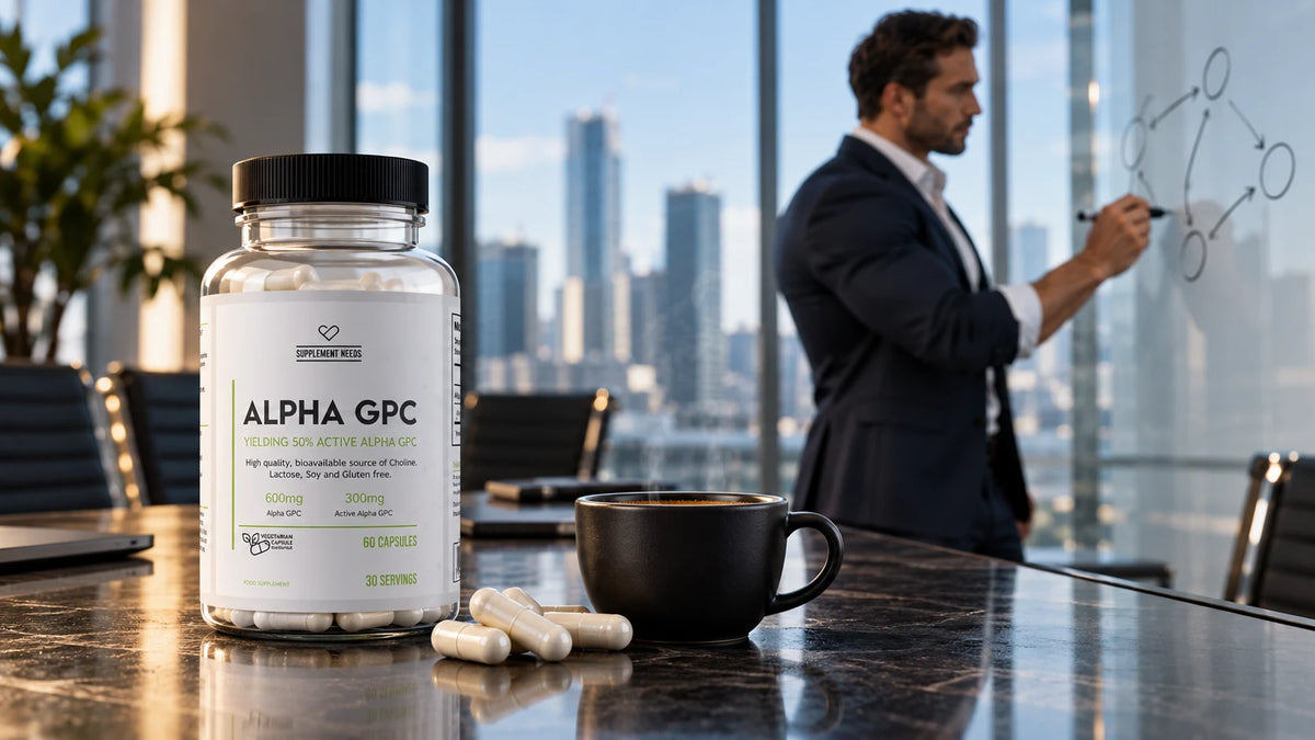 Athletischer Mann im Anzug konzentriert bei der Arbeit – Alpha-GPC für Fokus, Supplement Needs Alpha-GPC