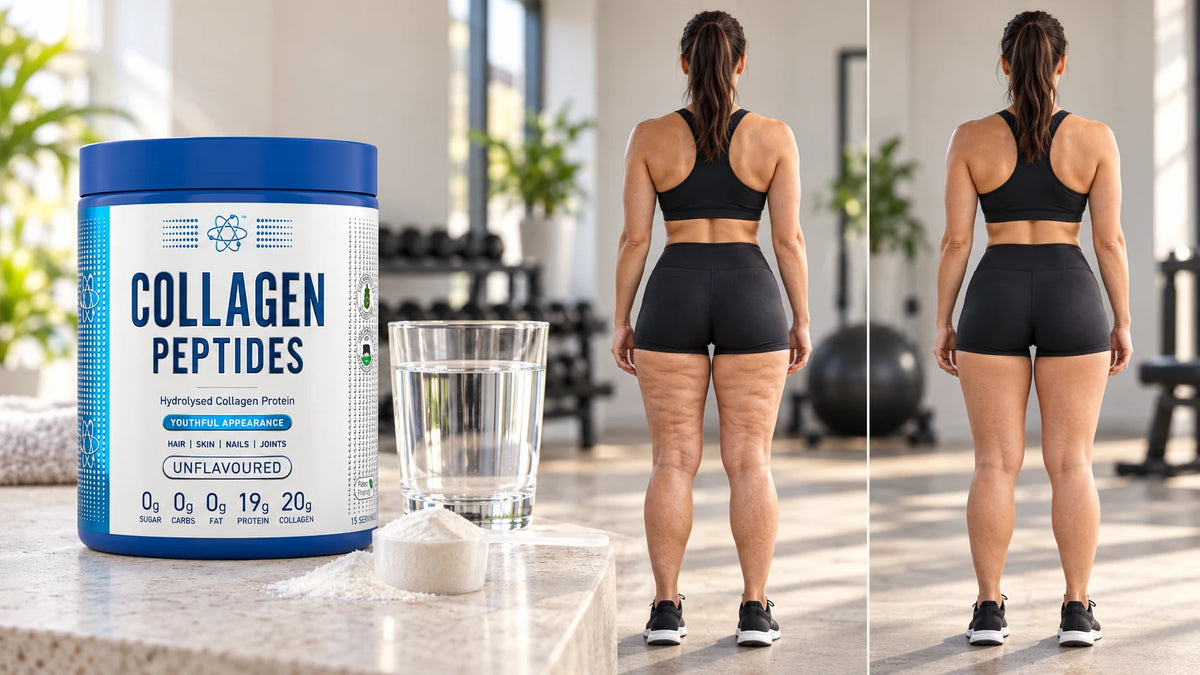 Frau von hinten mit und ohne Cellulite – Kollagen Peptide, Applied Nutrition Collagen Peptides 300g