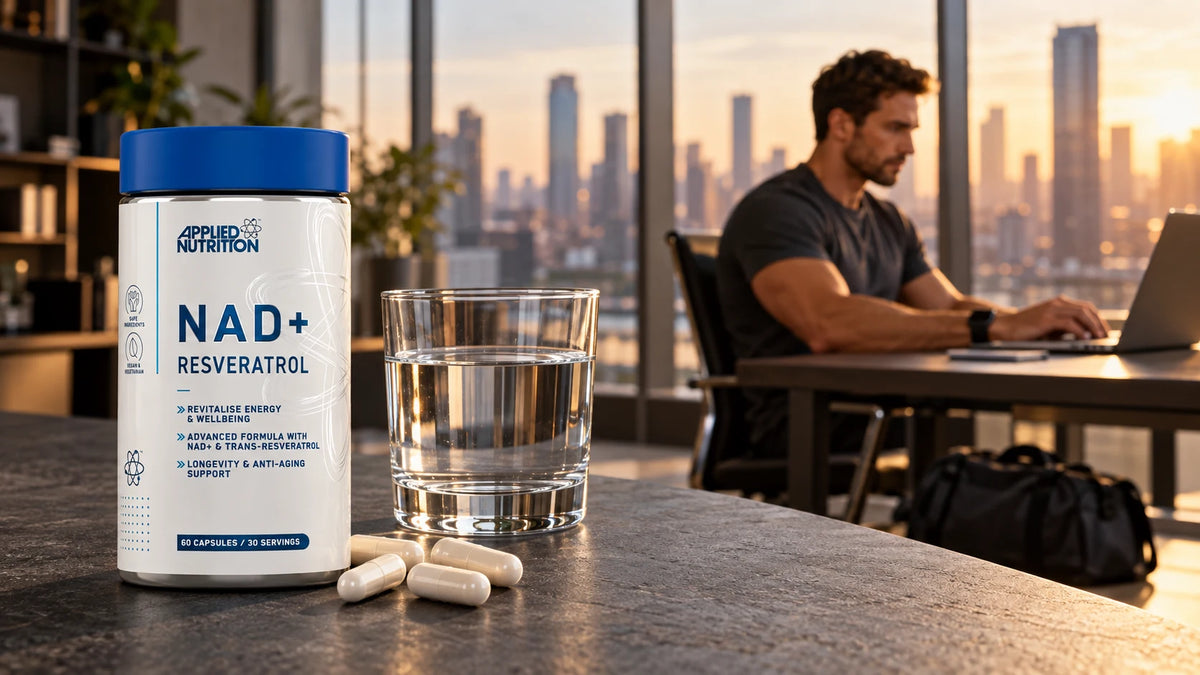 Athlet konzentriert am Schreibtisch im modernen Büro – NAD+ Supplement, Applied Nutrition NAD+ mit Resveratrol