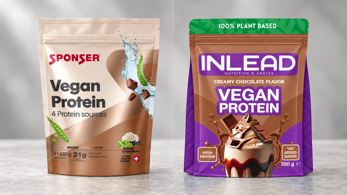 Sponser Vegan Protein Chocolate und INLEAD Vegan Protein Creamy Chocolate im Vergleich