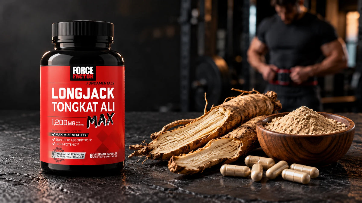 Tongkat Ali Wurzel, Wurzelpulver und Kapseln neben Force Factor LongJack Tongkat Ali Max 1200mg – Eurycoma longifolia für Training