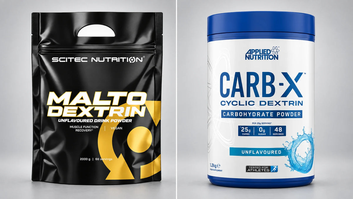 Cluster Dextrin vs. Maltodextrin im Vergleich: Scitec Nutrition Maltodextrin 2kg und Applied Nutrition Carb-X Cyclic Dextrin 1.2kg