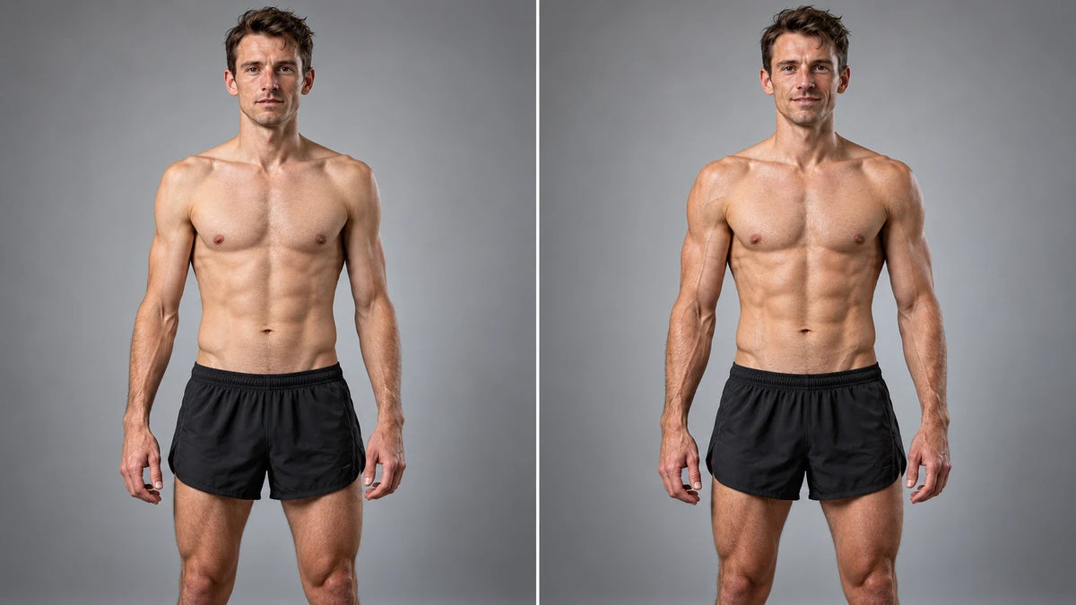 Superkompensation im Split Screen: links ein Fitnessathlet mit normaler Muskulatur, rechts schärfer definiert mit sichtbaren Adern
