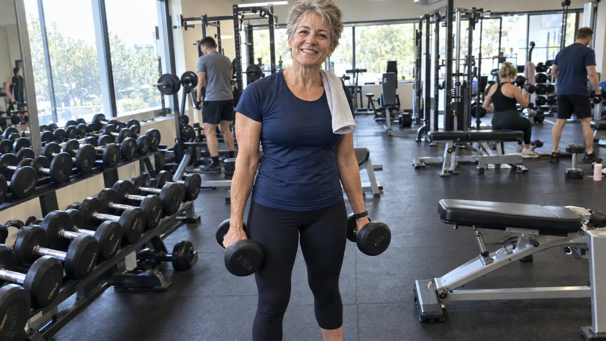 Starke Frau mit Hanteln im Fitnessstudio – Krafttraining in den Wechseljahren