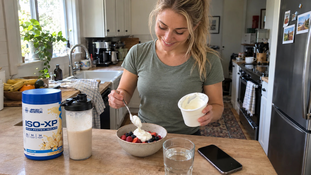 Frau bereitet Joghurt-Frühstück mit Vanille-Protein zu – wie viel Protein braucht eine Frau