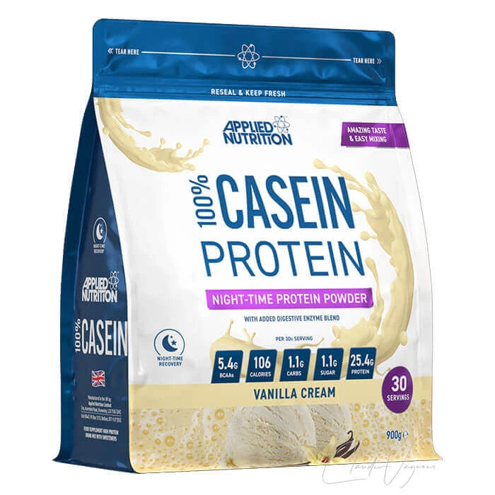 Beutel Applied Nutrition 100 % Casein Protein Vanilla Cream mit 900g, micellares Casein mit 24,2g Protein pro 30g Portion