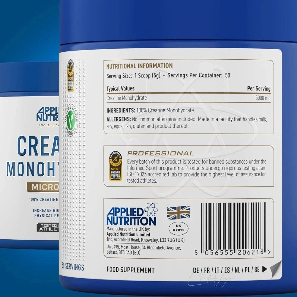 Applied Nutrition Creatine Monohydrate 500g in der Detailansicht, mikronisiertes Kreatin mit Informed Sport Siegel
