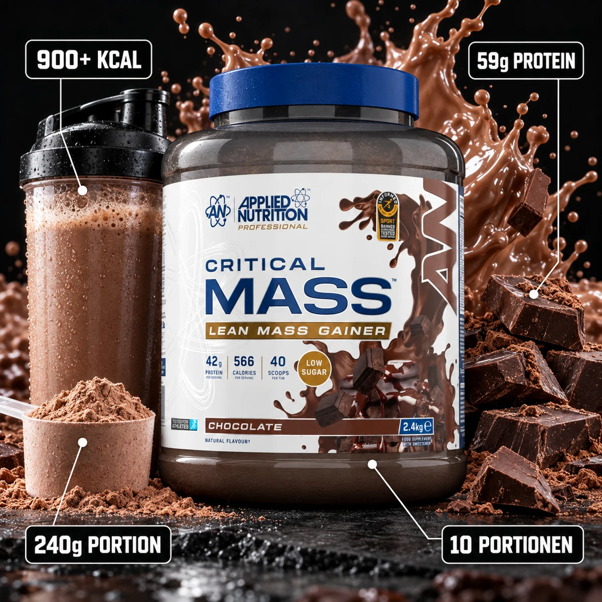Applied Nutrition Critical Mass Original 2.4kg Chocolate – 900+ kcal, 59g Protein, 240g Portion, 10 Portionen