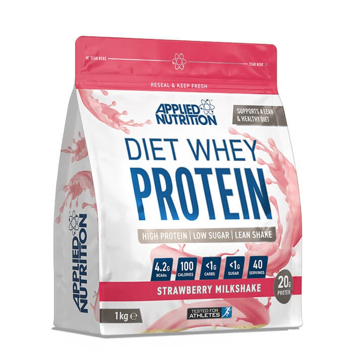 Beutel Applied Nutrition Diet Whey Strawberry Milkshake mit 1kg, 20g Protein und 100 kcal pro Scoop für 40 Portionen