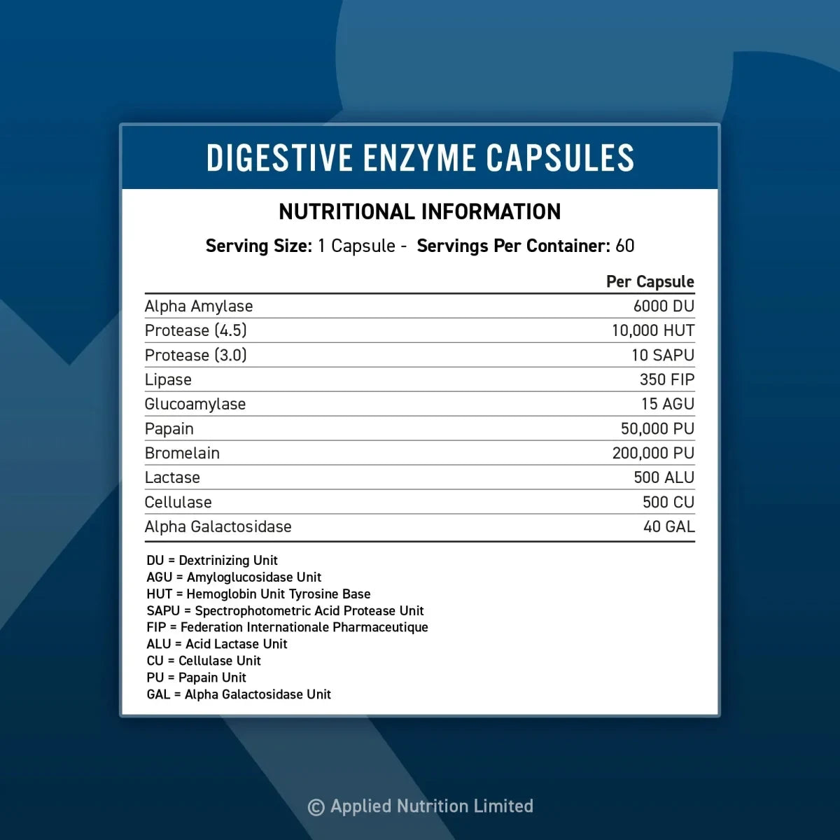 Applied Nutrition Digestive Enzyme – Nährwerttabelle und Zutaten