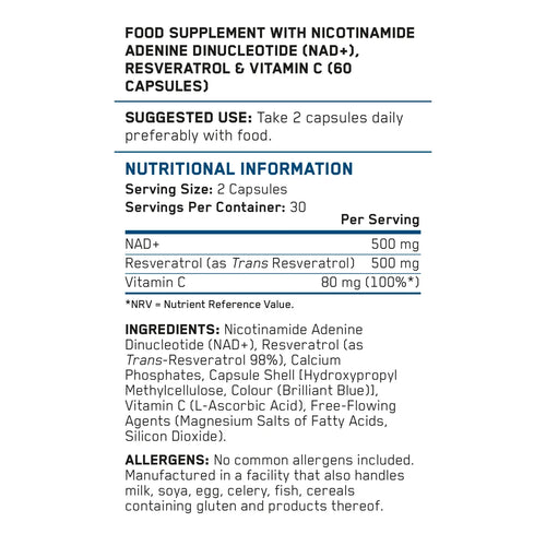 Applied Nutrition NAD+ 500mg + Trans-Resveratrol – Nährwerttabelle und Zutaten