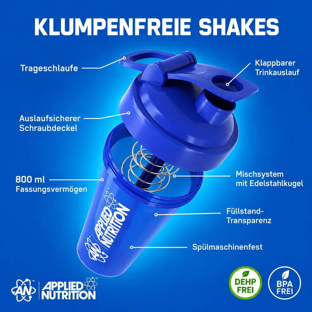 Applied Nutrition Premium Shaker 800ml Blau – Eigenschaften: Trageschlaufe, Schraubdeckel, BPA-frei, spülmaschinenfest
