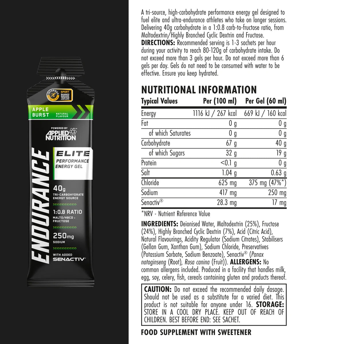Applied Nutrition Tri-Carb Energy Gel 40g – Nährwerttabelle und Zutaten